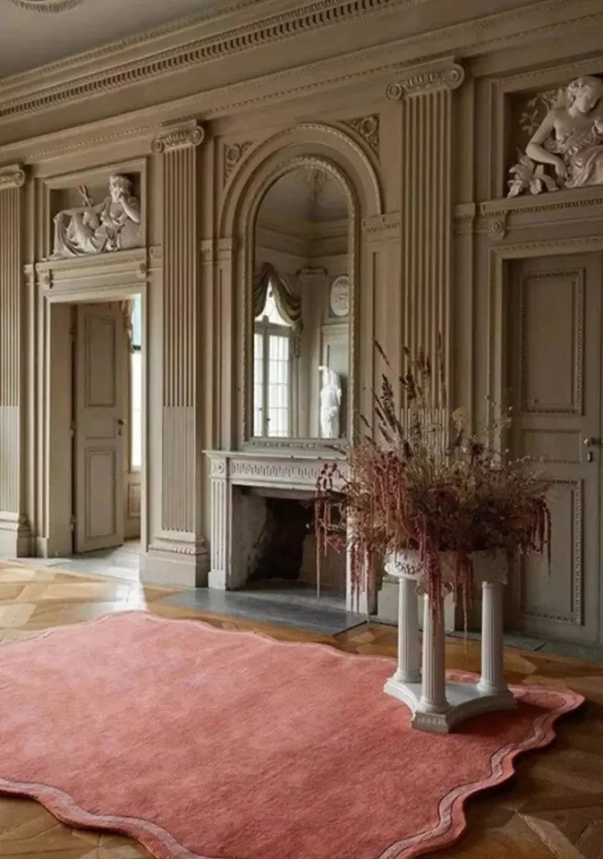 Handmade Wool Area Rug 8x10 Coral Pink Hand Tufted Scalloped Carpet Living Room - Image 4 of 4