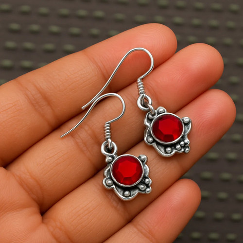 Garnet Small Stud Earrings 925 Sterling Silver Bali Bead Halo Handmade Boho