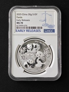 Moneda de plata Panda 2025 China 10 yuanes lanzamientos tempranos NGC MS 70 UNC #074