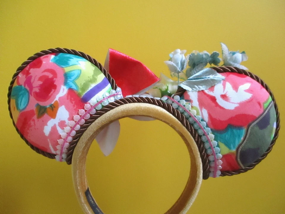 Diadema Disney Orejas de Minnie Hecha a Mano Asimétrica Coral Dorado Teal Blanco Foto 3 de 4