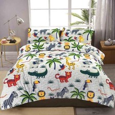 Image of Kids Duvet Cover Pillowcases Set Jungle Animal & Pink Unicorn Reversible Bedding