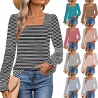 Womens Autumn Pullover Long Sleeve Stripes Blouse Casual T-Shirts Tops Plus Size