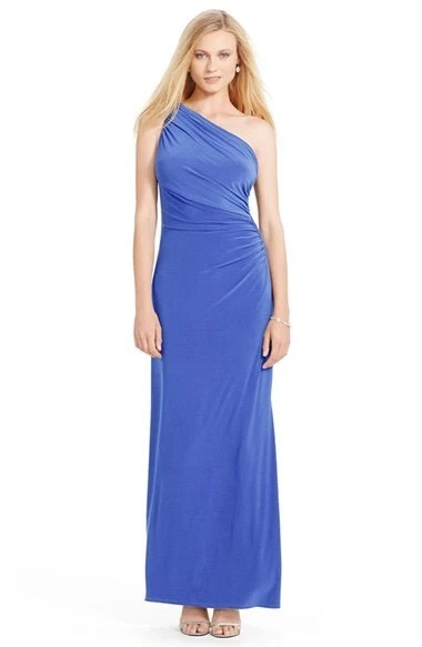 Ralph Lauren Women Blue Evening Dress Gown One Shoulder Brooch 190 Formal