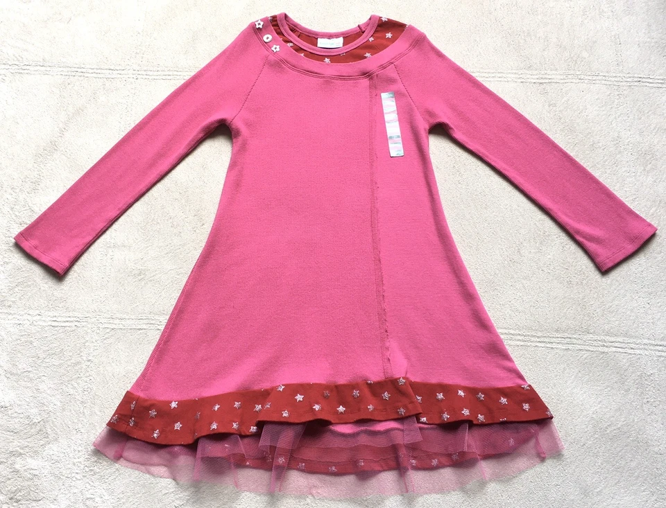 Vestido NAARTJIE Niñas, Talla 7, Rosa, Rojo, Estrellas Plateadas, Mangas Largas, ¡NUEVO! Foto 2 de 4