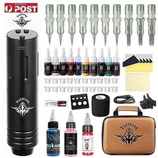 Tuffking Tattoo Machine Kit Pen Wireless Rotary Motor Needle Color Ink Set LCD