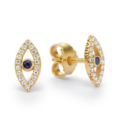 18K Gold Evil Eye Stud Earrings Diamonds and Sapphire Protection Jewish Jewelry