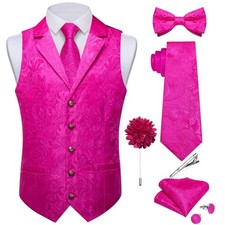 Silk Vest Tie Set for Men,Woven Paisley Dress Waistcoat and Small Hot Pink