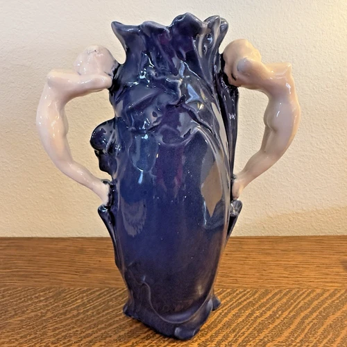 Weller Pottery Vase Nude Woman Handles Cobalt Blue Tan