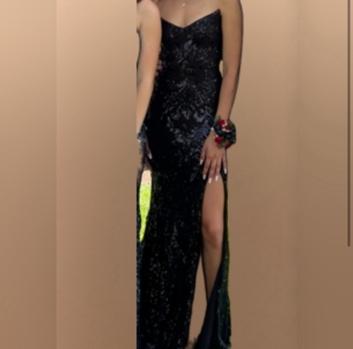 Super pretty flattering black prom dress with a tie back and slit | eBay