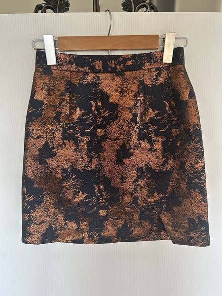 Warehouse Spotlight Blue & Gold Metallic A Line Mini Skirt UK 6
