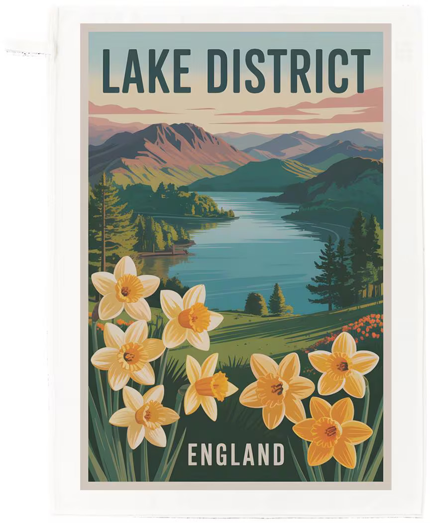 Lake District England Tea Towel 100% Cotton, White, 65 x 47 cm