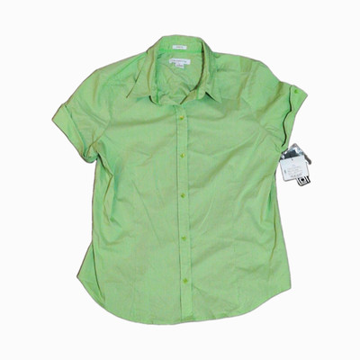 Liz Claiborne NWT Kiwi Green Micro Check Short Sleeve Stretch Button Down Shirt