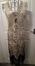 RO ROX 1920s Style Cream Dress Gold Sequins Black Tassles Gatsby Flapper XS