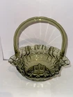 Fenton Glass Thumbprint Avocado Green Ruffled Basket Centerpiece Vase Bowl 8”