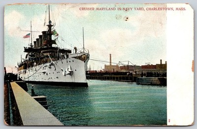 USS Maryland Cruiser Navy Yard Charlestown MA Vintage Postcard BB162