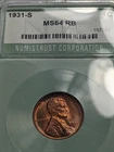 1931 S Lincoln Cent ICG MS64 RB GUARANTEED TO MEET MS 64 RB.