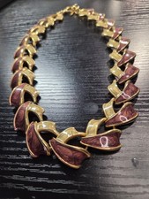 Collar Vintage Enny Monaco Italia Declaración Tono Dorado Borgoña Esmalte Eslabón 18"