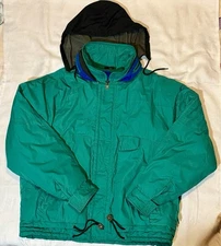 Vintage Mighty Mac Puffer Ski Jacket Zip Front Hooded Green/Blue Large