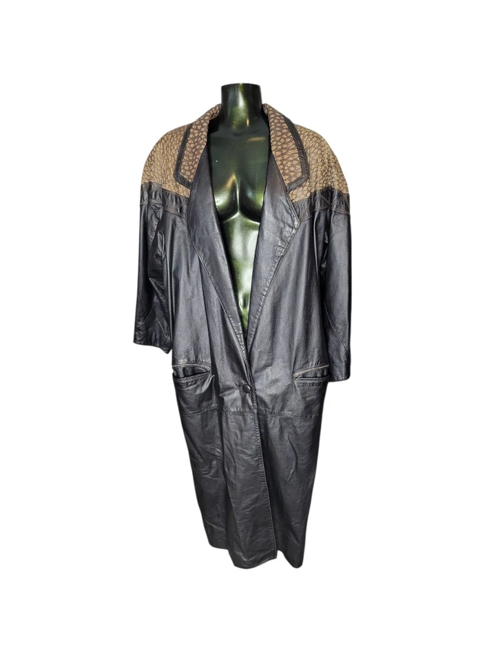 Винтажный Pelle женщин из черной кожи Тренч куртка с коричневый акценты средний - Изображение 2 из 4