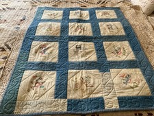 Vintage 1974 Handmade Hand Stitched Baby Quilt Cross Stitch Birds 36" X 46"