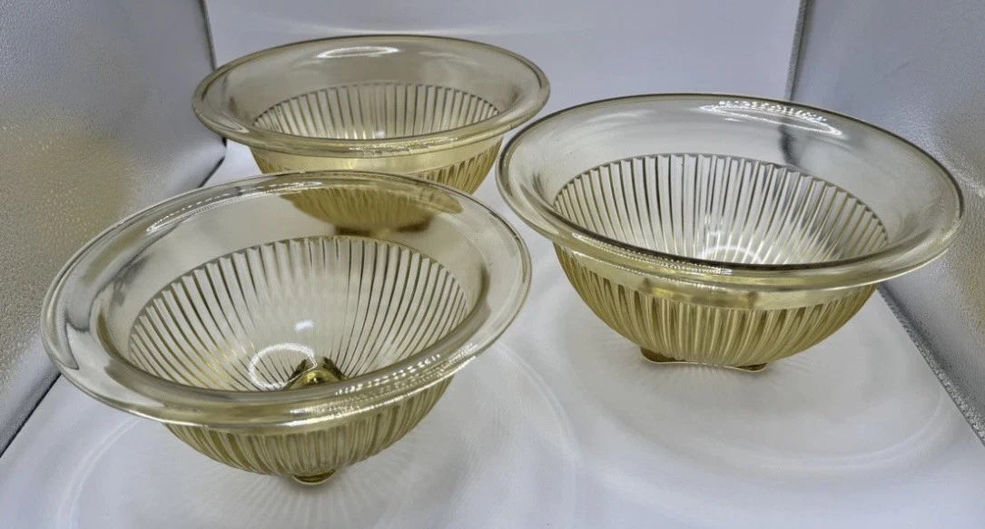 3 Vintage Yellow Amber Depression Nesting Ribbed Anchor Hocking Mixing Bowl