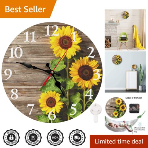 Classic 12-Inch Round Wall Clock - Silent, Easy to Read, Sunflowers Wood Style