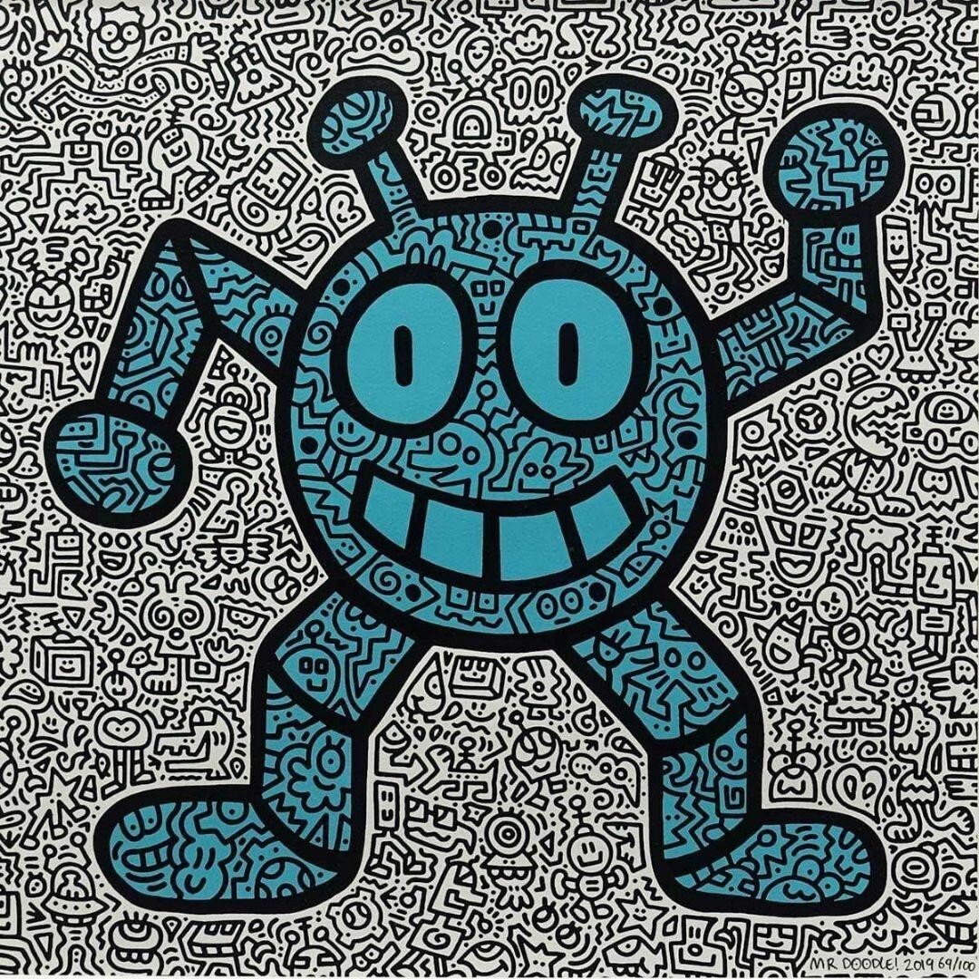 真作保証 Mr.Doodle ミスタードゥードゥル ブルー キティ ジークレー Mr Doodle ミスタードゥードゥル「ブルーキティ」絵画 額付 版画