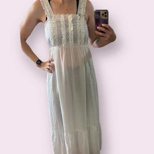 Vintage 1970s Women's Medium White Seersucker Lightweight Cottagecore Maxi Dress - Picture 3 of 8