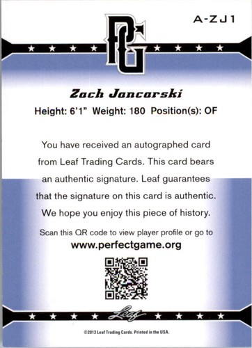 2013 Leaf Perfect Game Autographs #ZJ1 Zach Jancarski - NM-MT - Picture 2 of 2