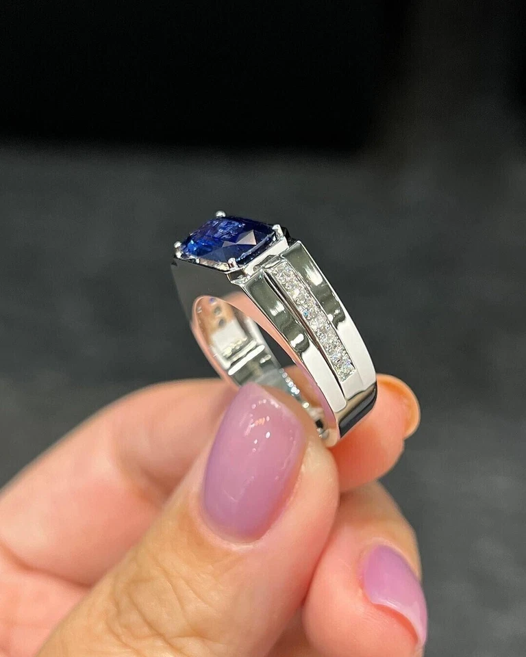 Alianza de boda de diamantes y zafiros naturales de 2,67 quilates de oro blanco de 14 quilates talla 11 Foto 4 de 4