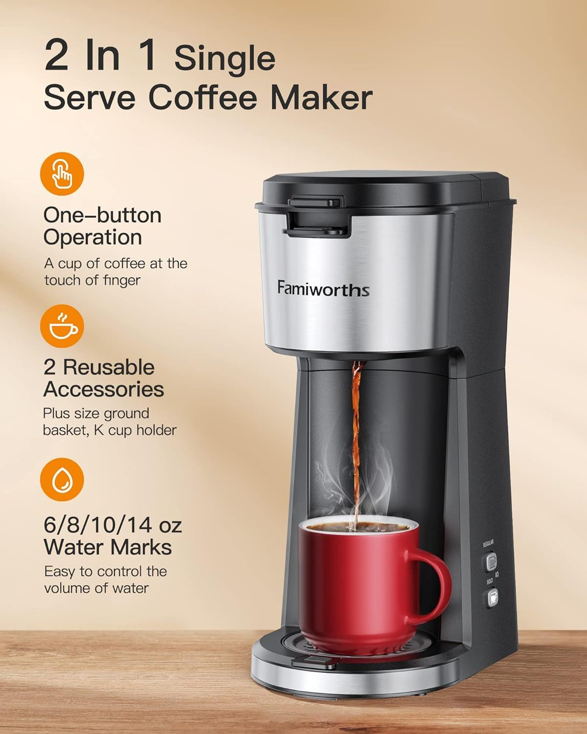 Famiworths Single Serve Coffee Maker for K Cup & Ground Coffee, Classic