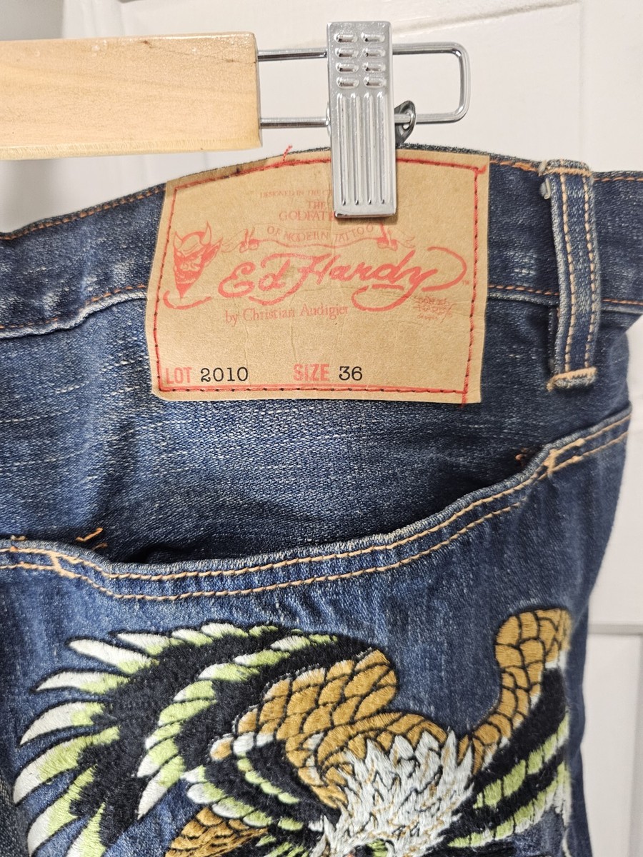 Vintage Ed Hardy Jeans Men 36x32 Embrorided Eagle Skull