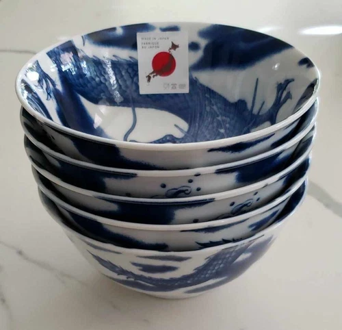 Set of 5 Blue Longwei Dragon Miso Soup / Rice Bowls Made in Japan NEW WITH TAG