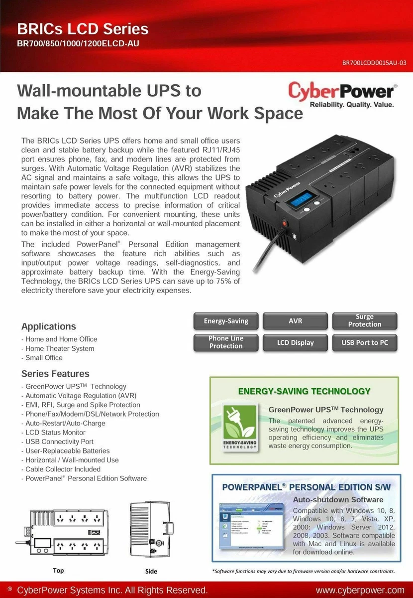 CyberPower 1200VA UPS BR1200ELCD 8 Outlet Uninterruptible Power Supply