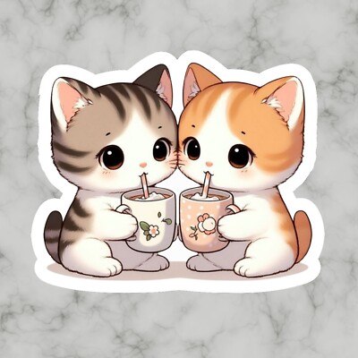 Kawaii Cute Kitty Cat, Friends Coffee Cup Adorable Glossy Vinyl sticker, Decal