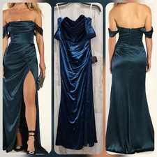 LULUS Stunning Arrival Dark Teal Satin Off the Shoulder Maxi Dress Size MEDIUM
