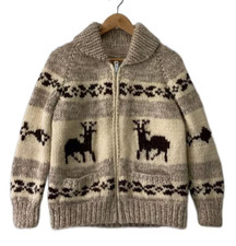 Canadian Sweater Co Cowichan Cardigan Wool Deer Moose Cream Brown Zip Hand Knit