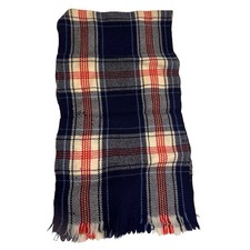 Vintage Cisco 40" x 10" All Wool Scarf in Navy, Cream & Red Plaid Retro English