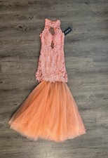 Sherri Hill Lace Tulle Coral Mermaid Prom Dress with Open Back Style 9711