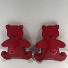 2 Vintage 6" x 5" Teddy Bear Wall Peg Holders Red Wood Nursery Decor Kids Room