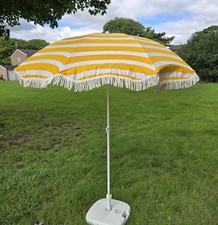 Yellow and White Striped Outdoor Fabric Parasol 1970