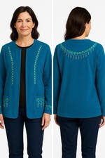 Bob Mackie Wearable Art Fleece Jacket Teal Embroidered Beaded NWT Sz L
