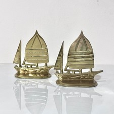 Brass Sailboat Bookend Pair | Mid Century Nautical Boat Figurine Paperweight