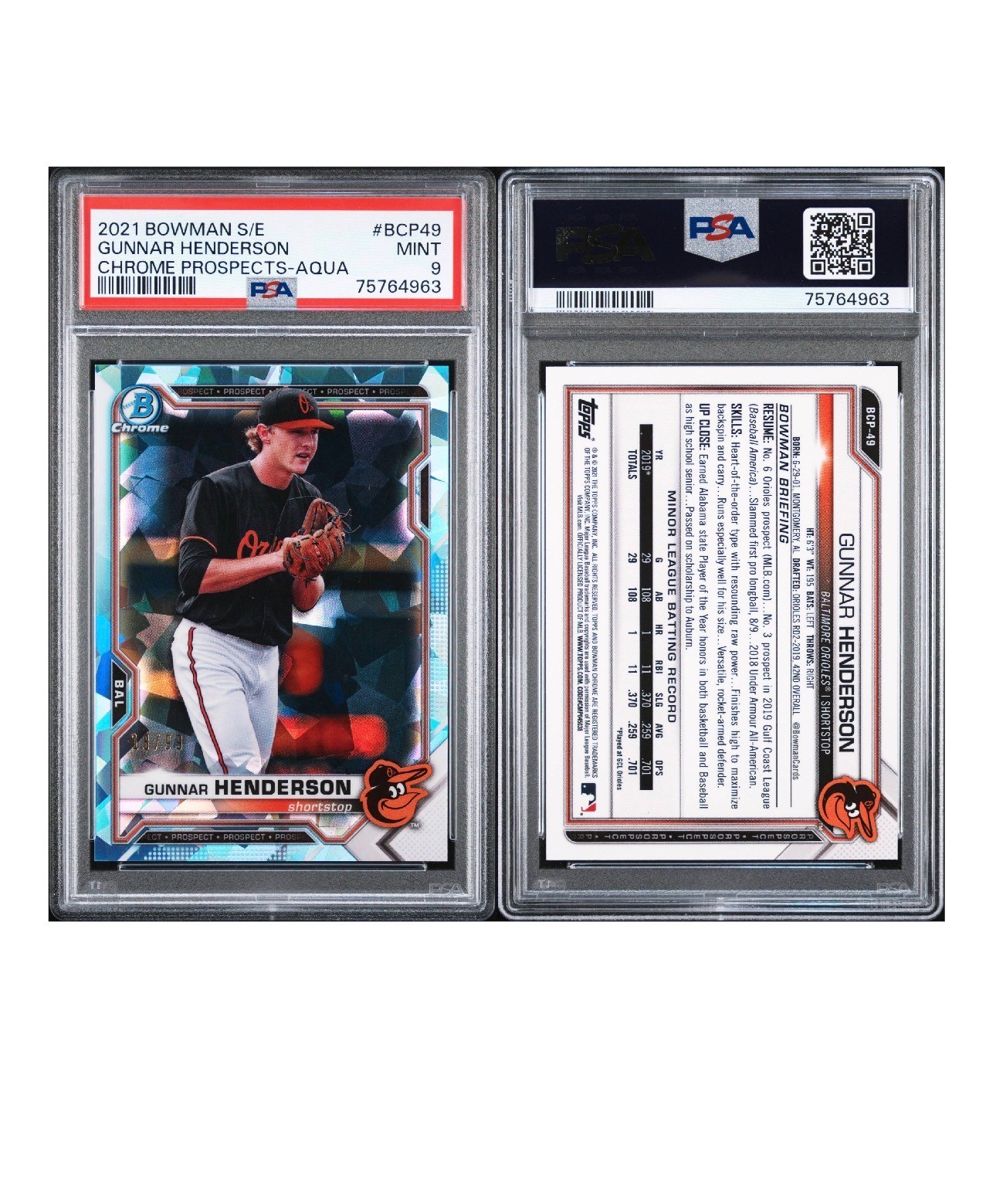 2021 Bowman Sapphire Edition Chrome Prospects Gunnar Henderson AQUA /99 PSA 9 view 4