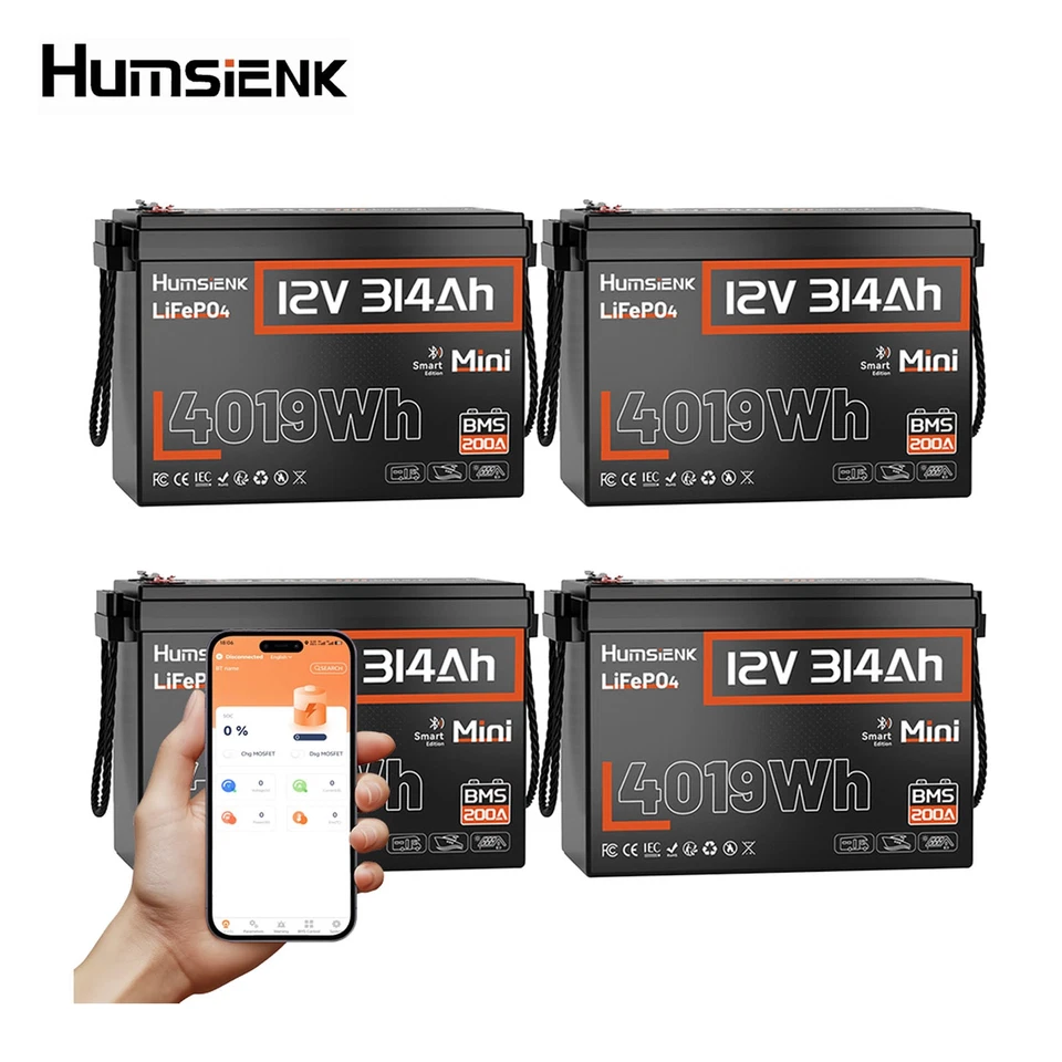 Humsienk 12V 314Ah 300Ah LiFePO4 Battery 200A BMS 15000+ Cycles Solar Camping RV