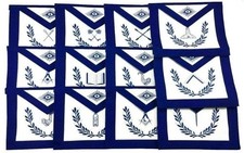 Set of 12 Blue and White Masonic Craft Lodge Officer Aprons with Embroidered Sym