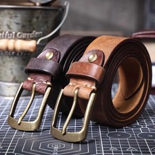 Vintage Leather Men's Belt Solid Brass Buckle Casual Italian Cowhide