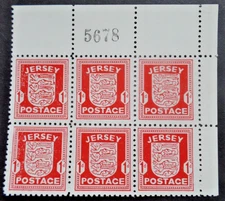 Jersey 1941 Coat of Arms SG 2d Chalky Paper corner block of 6