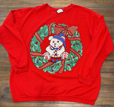 Vintage 90s Teddy Bear Christmas Red Crewneck Sweatshirt Medium Cottage Ugly