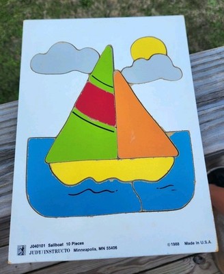Vintage 1988 Judy Instructo Wooden Puzzle Complete Sailboat 10 pc USA J040101